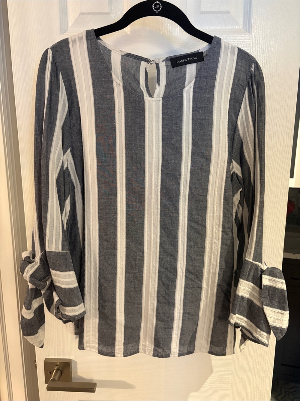 Ivanka Trump Navy and White Vertical Stripe Tie-Sleeve Blouse